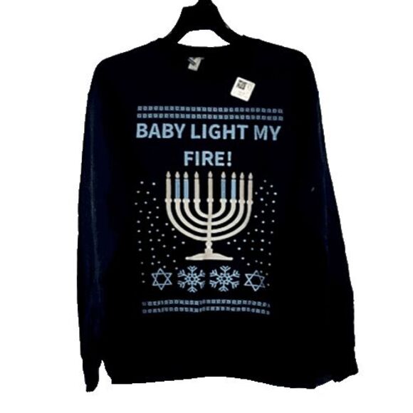 Unisex Adult's Gildan "Baby Light My Fire" Hanukkah Sweatshirt, Size M - Navy Bl - Picture 2 of 5